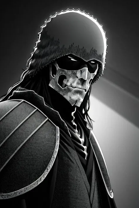 illustration,
slender person,
pronounced facial features,
dark-pale skin,
eyes,
long hair,
knight armor,
armor plate
pronounced facial features,
fur collar,
fingerless gloves,
black and white colors,
black mist background,
looking at viewer,
dynamic light, ultra detail,
extremely detailed CG, full detail,
8k best quality, realistic, 8k,
micro intricate, masterpiece,
by Kentaro Miura
by Tito Kubo