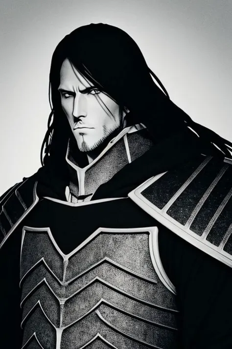 illustration,
slender person,
pronounced facial features,
dark-pale skin,
eyes,
long hair,
knight armor,
armor plate
pronounced facial features,
fur collar,
fingerless gloves,
black and white colors,
black mist background,
looking at viewer,
dynamic light, ultra detail,
extremely detailed CG, full detail, 
8k best quality, realistic, 8k, 
micro intricate, masterpiece,
by Kentaro Miura
by Tito Kubo