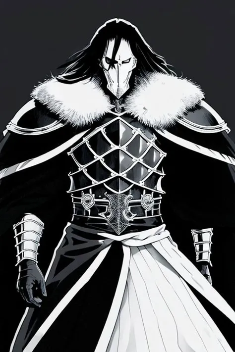 illustration,
slender person,
pronounced facial features,
dark-pale skin,
eyes,
long hair,
knight armor,
armor plate
pronounced facial features,
fur collar,
fingerless gloves,
black and white colors,
black mist background,
looking at viewer,
dynamic light, ultra detail,
extremely detailed CG, full detail,
8k best quality, realistic, 8k,
micro intricate, masterpiece,
by Kentaro Miura
by Tito Kubo