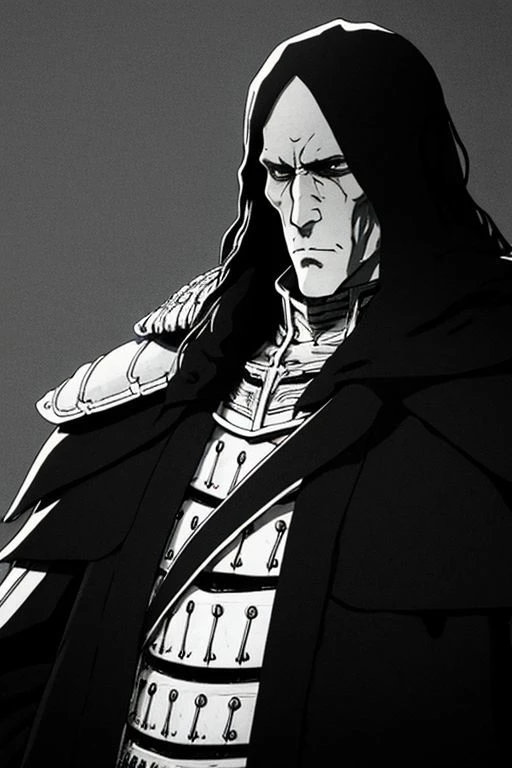 illustration,
slender person,
pronounced facial features,
dark-pale skin,
eyes,
long hair,
knight armor,
armor plate
pronounced facial features,
fur collar,
fingerless gloves,
black and white colors,
black mist background,
looking at viewer,
dynamic light, ultra detail,
extremely detailed CG, full detail,
8k best quality, realistic, 8k,
micro intricate, masterpiece,
by Kentaro Miura
by Tito Kubo