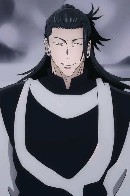 illustration,
single person,
suguru geto,
pronounced facial features,
dark-pale skin,
eyes,
long hair,
messy hair,
simple clothe,
monk clothe,
pronounced facial features,
fur collar,
smile,
laugh,
black and white colors,
black mist background,
looking at viewer,
dynamic light, ultra detail,
extremely detailed CG, full detail, 
8k best quality, realistic, 8k, 
micro intricate, masterpiece,
by Kentaro Miura
by Tito Kubo