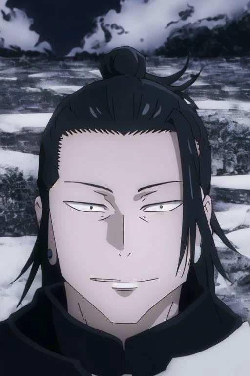 illustration,
single person,
suguru geto,
pronounced facial features,
dark-pale skin,
eyes,
long hair,
messy hair,
simple clothe,
monk clothe,
pronounced facial features,
fur collar,
smile,
laugh,
black and white colors,
black mist background,
looking at viewer,
dynamic light, ultra detail,
extremely detailed CG, full detail,
8k best quality, realistic, 8k,
micro intricate, masterpiece,
by Kentaro Miura
by Tito Kubo