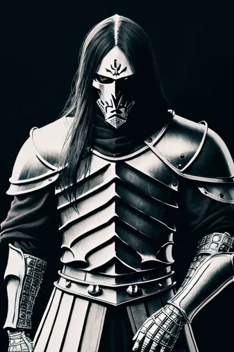 illustration,
slender person,
pronounced facial features,
dark-pale skin,
eyes,
long hair,
knight armor,
armor plate
pronounced facial features,
fur collar,
fingerless gloves,
black and white colors,
black mist background,
looking at viewer,
dynamic light, ultra detail,
extremely detailed CG, full detail, 
8k best quality, realistic, 8k, 
micro intricate, masterpiece,
by Kentaro Miura
by Tito Kubo