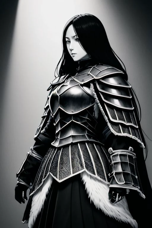 illustration,
slender person,
pronounced facial features,
dark-pale skin,
eyes,
long hair,
small breasts,
knight armor,
armor plate
pronounced facial features,
fur collar,
fingerless gloves,
black and white colors,
black mist background,
looking at viewer,
dynamic light, ultra detail,
extremely detailed CG, full detail,
8k best quality, realistic, 8k,
micro intricate, masterpiece,
by Kentaro Miura
by Tito Kubo