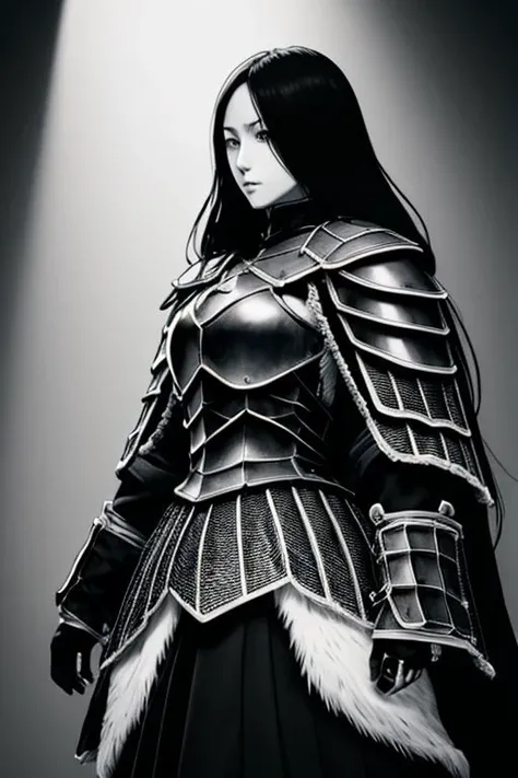 illustration,
slender person,
pronounced facial features,
dark-pale skin,
eyes,
long hair,
small breasts,
knight armor,
armor plate
pronounced facial features,
fur collar,
fingerless gloves,
black and white colors,
black mist background,
looking at viewer,
dynamic light, ultra detail,
extremely detailed CG, full detail, 
8k best quality, realistic, 8k, 
micro intricate, masterpiece,
by Kentaro Miura
by Tito Kubo