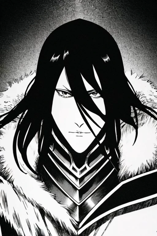 illustration,
slender person,
pronounced facial features,
dark-pale skin,
eyes,
long hair,
small breasts,
knight armor,
armor plate
pronounced facial features,
fur collar,
fingerless gloves,
black and white colors,
black mist background,
looking at viewer,
dynamic light, ultra detail,
extremely detailed CG, full detail,
8k best quality, realistic, 8k,
micro intricate, masterpiece,
by Kentaro Miura
by Tito Kubo