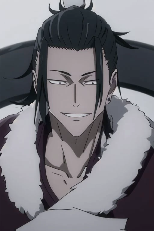 illustration,
single person,
suguru geto,
pronounced facial features,
dark-pale skin,
eyes,
long hair,
messy hair,
simple clothe,
monk clothe,
pronounced facial features,
fur collar,
smile,
laugh,
black and white colors,
black mist background,
looking at viewer,
dynamic light, ultra detail,
extremely detailed CG, full detail,
8k best quality, realistic, 8k,
micro intricate, masterpiece,
by Kentaro Miura
by Tito Kubo