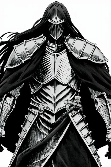 illustration,
slender person,
pronounced facial features,
dark-pale skin,
eyes,
long hair,
small breasts,
knight armor,
armor plate
pronounced facial features,
fur collar,
fingerless gloves,
black and white colors,
black mist background,
looking at viewer,
dynamic light, ultra detail,
extremely detailed CG, full detail, 
8k best quality, realistic, 8k, 
micro intricate, masterpiece,
by Kentaro Miura
by Tito Kubo