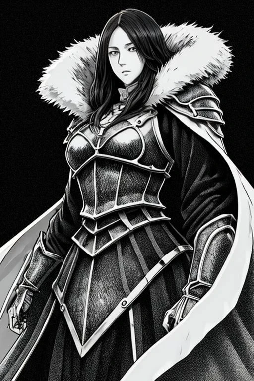 illustration,
slender person,
pronounced facial features,
dark-pale skin,
eyes,
long hair,
small breasts,
knight armor,
armor plate
pronounced facial features,
fur collar,
fingerless gloves,
black and white colors,
black mist background,
looking at viewer,
dynamic light, ultra detail,
extremely detailed CG, full detail,
8k best quality, realistic, 8k,
micro intricate, masterpiece,
by Kentaro Miura
by Tito Kubo