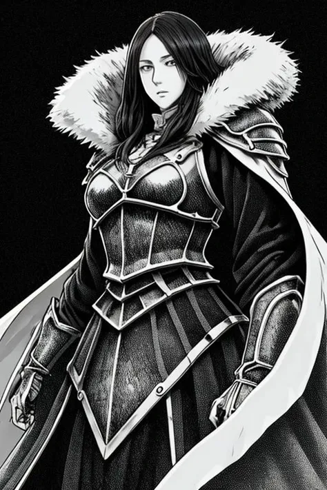 illustration,
slender person,
pronounced facial features,
dark-pale skin,
eyes,
long hair,
small breasts,
knight armor,
armor plate
pronounced facial features,
fur collar,
fingerless gloves,
black and white colors,
black mist background,
looking at viewer,
dynamic light, ultra detail,
extremely detailed CG, full detail, 
8k best quality, realistic, 8k, 
micro intricate, masterpiece,
by Kentaro Miura
by Tito Kubo