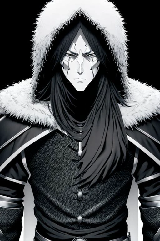 illustration,
slender person,
pronounced facial features,
dark-pale skin,
eyes,
long hair,
knight armor,
armor plate
pronounced facial features,
fur collar,
fingerless gloves,
black and white colors,
black mist background,
looking at viewer,
dynamic light, ultra detail,
extremely detailed CG, full detail,
8k best quality, realistic, 8k,
micro intricate, masterpiece,
by Kentaro Miura
by Tito Kubo
