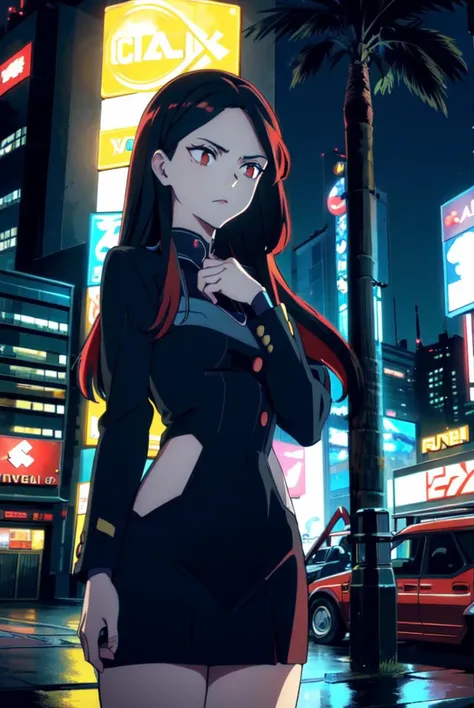 (masterpiece, best quality, high quality, highres, ultra-detailed), 1woman, solo, <lora:RSE_Lucy:1>, long hair, black hair, two tone hair, red accent in hair, standing, hand on chest, looking away, thighs, looking to the right, city, wet street, neon city, night, night city, buildings, blue light, yellow billboard, beautiful face, well-drawn eyes, cowboy shot, center of image, <lora:cy1:0.9>