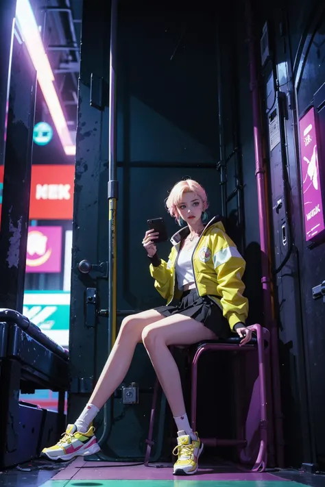 1girl, portrait, sitting, (pleated skirt, yellow green retro bomber jacket 80s), solo,cyberpunk, official art, unity 8k wallpaper, ultra detailed, beautiful and aesthetic, masterpiece,best quality, glowing skin, (floating colorful sparkles:1) the most beautiful form of chaos, elegant, a brutalist designed, vivid colours, romanticism, <lyco:[LoHa] Cyberpunk 2077 Anime Style (With multires noise version):0.6>