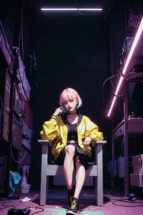 1girl, portrait, sitting, (pleated skirt, yellow green retro bomber jacket 80s), solo,cyberpunk, official art, unity 8k wallpaper, ultra detailed, beautiful and aesthetic, masterpiece,best quality, glowing skin, (floating colorful sparkles:1) the most beautiful form of chaos, elegant, a brutalist designed, vivid colours, romanticism, <lyco:[LoHa] Cyberpunk 2077 Anime Style (With multires noise version):0.6>