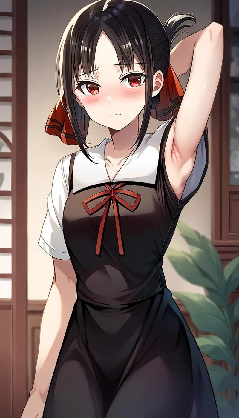 rating_9, rating_8_up, rating_7_up, rating_6_up, masterpiece, source_anime, 1girl, kaguya, black hair, black dress, neck ribbon, white sailor collar, short sleeves, cowboy shot, looking at viewer, indoors, armpits, blush <lora:KaguyaPONYXL:0.8>, <lora:KaguyaPONYXL9good:0.8>