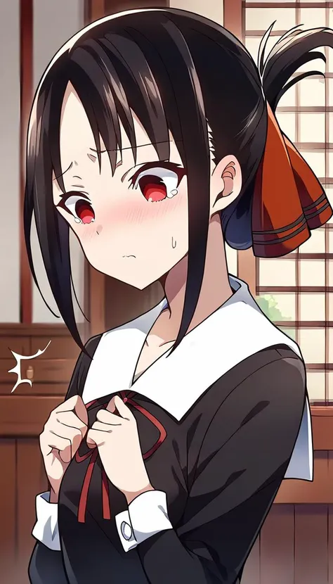 rating_9, rating_8_up, rating_7_up, rating_6_up, masterpiece, source_anime, 1girl, kaguya, black hair, black dress, white sailor collar, long sleeves, neck ribbon, embarassed, cowboy shot, !, !!!,  indoors, japanese house,<lora:KaguyaPONYXL-000009:0.8>,