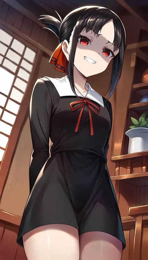 rating_9, rating_8_up, rating_7_up, rating_6_up, masterpiece, source_anime, 1girl, kaguya, black hair, black dress, white sailor collar, long sleeves, neck ribbon, evil grin, shaded face, arms behind back, looking at viewer, from below, indoors, japanese house,<lora:KaguyaPONYXL-000009:0.8>,