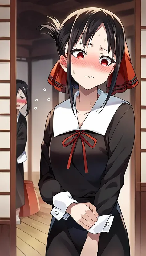 rating_9, rating_8_up, rating_7_up, rating_6_up, rating_safe, masterpiece, source_anime, 1girl, kaguya, black hair, black dress, white sailor collar, long sleeves, neck ribbon, embarassed, blush cowboy shot, !, !!!,  indoors, japanese house,<lora:KaguyaPONYXL-000009:0.8>,