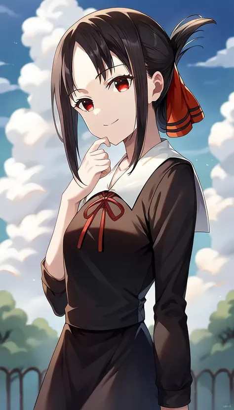 rating_9, rating_8_up, rating_7_up, rating_6_up, masterpiece, source_anime, 1girl, kaguya, black hair, black dress, neck ribbon, white sailor collar,  cowboy shot, looking at viewer, hand on chin, smile, sky, blue sky, clouds<lora:KaguyaPONYXL-000007:0.8>,