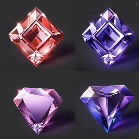 Game icons, gem designs, item lists, no_humans, black_background, crystal, gem, simple_background, still_life, shiny, red_gemstone, blue_gemstone, diamond_(gemstone), purple_gemstone<lora:Games Gems:1>,