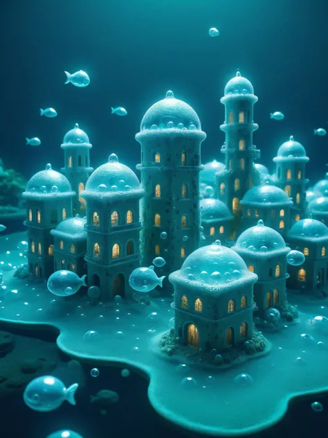 An underwater city with buildings encased in ral-dshwshsop, bioluminescent marine life swimming through, dreamy, high-definition, 4K UHD <lora:ral-dshwshsop-sdxl:1>