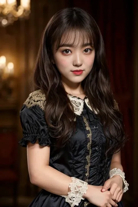 masterpiece, best quality, ultra-detailed, (realistic:0.2), 4k, 8k, natural lighting, (detailed background :1.1), (detailed cute), (detailed eyes), (detailed oily skin), (glowing eyes:1.2), (sexy body line), (1girl, solo), (depth of field, wide shot, cowboy shot:1.3), (stylish face), (asymmetrical long hair), (black hair), (victorian dress), (full body), brooch, lace, bodice, castle room,