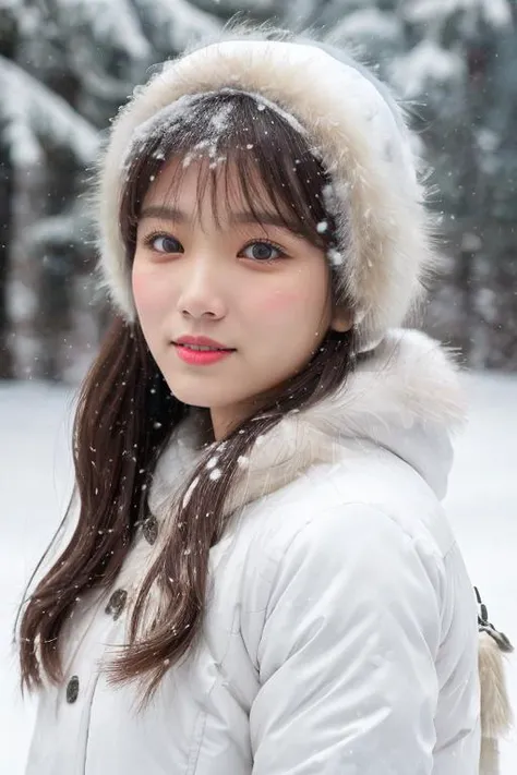 (upper body:1.2), nikon RAW photo, 8k, Fujifilm XT3,masterpiece, best quality, realistic, ultra detailed, extremely detailed face, solo,1girl, standing, white snow witch, wearing eskimo, snow, snowflakes, scattered cloud, ((photorealistic:1.4)), asymmetrical wavy long hair, (detailed oily skin), (detailed face), (detailed background :1.1), upper body