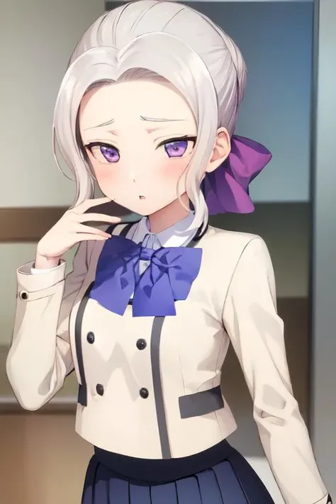 (extremely detailed CG unity 8k wallpaper), (masterpiece), (best quality), (ultra-detailed), (best illustration), (best shadow), (absurdres), 1girl, solo, <lora:shino-11:0.7>,shino, purple eyes, bow, blush,
long sleeves, bowtie, skirt, purple bow, buttons, school uniform, grey hair, jacket, shirt, blue skirt, hand up, blue bow,
\(室å
§ãè¥å®¤ãçªæ¶\),(indoors, bedroom, window, parted lips,)
,half-closed eyes,
\(ä¹³æ¿æ ä¸å¡\),((breasts squeezed together)),
looking at viewer,