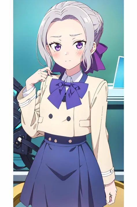 (extremely detailed CG unity 8k wallpaper), (masterpiece), (best quality), (ultra-detailed), (best illustration), (best shadow), (absurdres), 1girl, solo, <lora:shino-11:0.7>,shino, 1girl, solo, purple eyes, bow, museum background, looking at viewer, blush, long sleeves, bowtie, skirt, purple bow, buttons, school uniform, grey hair, jacket, shirt, blue skirt, hand up, blue bow, standing