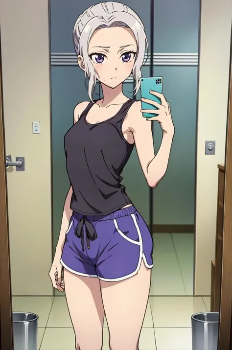 (extremely detailed CG unity 8k wallpaper), (masterpiece), (best quality), (ultra-detailed), (best illustration), (best shadow), (absurdres), 1girl, solo, <lora:shino-11:0.7>,shino, white hair, 1girl, solo, purple eyes, skirt, looking at viewer,tank top, dolphin shorts, <lora:dolphin_shorts_v0.1:0.6>, <lora:MirrorSelfieLora:0.8>, anime, mirror selfie, holding phone