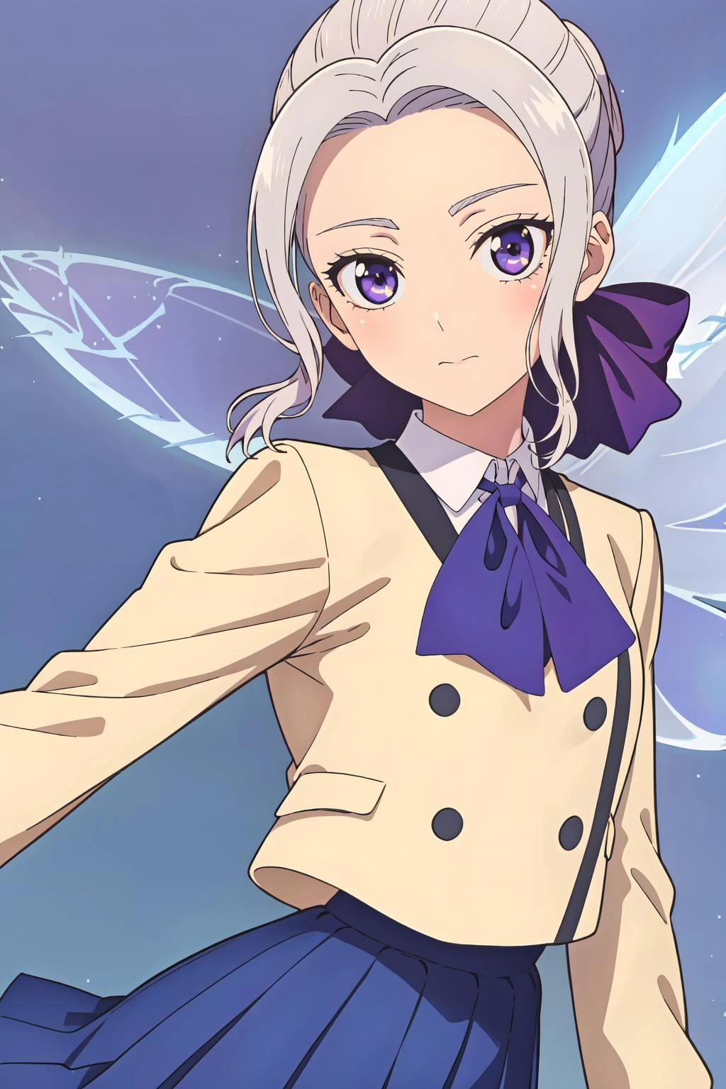 ((best quality)),((highly detailed)),masterpiece,absurdres,detailed face,beautiful face,(detailed eyes, deep eyes),(1girl),((dynamic pose)), <lora:ShinoV1.4:0.7>,shino, 1girl, solo,purple eyes, skirt, looking at viewer, fairy background, long sleeves, ribbon, school uniform, from side, pleated skirt, hair ribbon, blue skirt, closed mouth, ascot, shirt, purple ribbon, jacket, white hair