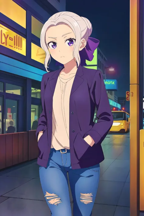 ((best quality)),((highly detailed)),masterpiece,absurdres,detailed face,beautiful face,(detailed eyes, deep eyes),(1girl),((dynamic pose)), <lora:ShinoV1.4:0.7>,shino, purple eyes, bow, ribbon, hair ribbon, short hair, white hair, hair bun, jacket, walking, at night, (eyes looking away from the viewer:1.3, looking away from viewer:1.3), ripped jeans, hands in pocket, nighttime, city streets, neon signs, crowd behind,