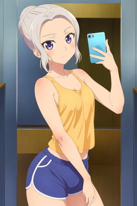 ((best quality)),((highly detailed)),masterpiece,absurdres,detailed face,beautiful face,(detailed eyes, deep eyes),(1girl),((dynamic pose)), <lora:ShinoV1.4:0.7>,shino, white hair, 1girl, solo, purple eyes, skirt, looking at viewer,tank top, dolphin shorts, <lora:dolphin_shorts_v0.1:0.6>, <lora:MirrorSelfieLora:0.8>, anime, mirror selfie, holding phone, cowboy shot