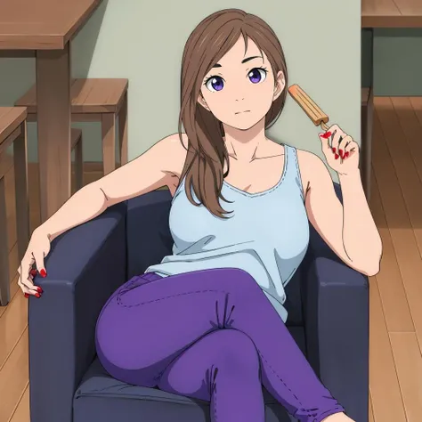 masterpiece,highres,high quality,extremely detailed,solo,
<lora:HayaMagari001:0.7>,
HayaMagari,1girl,
from above,on chair,lying,sitting,couch,crossed legs,looking at viewer,hand up,holding food,popsicle,red nails,pants,purple pants,indoors,wooden floor,white tank top,breasts,feet out of frame,bare shoulders,collarbone,expressionless,hair over shoulder,bare arms,parody,comic,