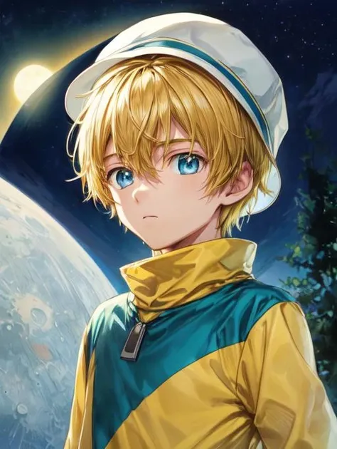 best quality, masterpiece, highres, detailed, digital artwork, <lora:Detail - add_detail:0.2>, TKDigi02, teenage boy, yellow and teal shirt, blue eyes, blonde hair, hat, lunar base, frustrated, <lora:Character - TKDigi02:0.8>, short hair, upper body,