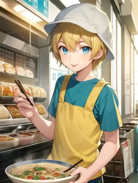 best quality, masterpiece, highres, detailed, digital artwork, <lora:Detail - add_detail:0.2>, TKDigi02, teenage boy, yellow and teal shirt, blue eyes, blonde hair, hat, ramen shop, :p, <lora:Character - TKDigi02:0.8>