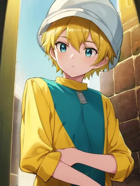 best quality, masterpiece, highres, detailed, digital artwork, <lora:Detail - add_detail:0.2>, TKDigi02, teenage boy, yellow and teal shirt, blue eyes, blonde hair, hat, dungeon, hopeful, <lora:Character - TKDigi02:0.8>, short hair, upper body,