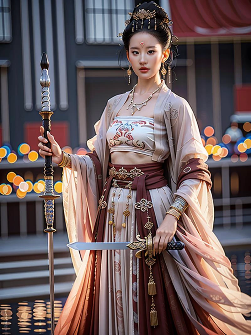 CR1.3,(flirtatious ,seductive:1.4),(RAW photo:1.2),(photorealistic:1.6),(lens 135mm,f1.8:1.2),(ultimate quality, masterpiece:1.3),(intricate details:1.2),(detailed face:1.2),dramatic,ray tracing,fashion photograph,fFaceDetail,Full body,<lora:PerfectBreastsV4-offset:0.3:lbw=BODY>,<lora:goodhands_Beta_Gtonero:0.3:lbw=HAND>,good hands,Fixhand,Sharp focus,cinematic lighting,
<lora:å亦è²liuyifei:0.8:lbw=FACE>,liuyifei,,
<lora:dunhuangV3:0.65:lbw=CLOTHING>,(floating clothes,thighs,dunhuang cloths,hanfu,waist cape,strapless,navel,robe:1.2),
<lora:ChineseCultivationNovelV1:0.65:lbw=POSE>,Chinese style,weapon,cleavage,xiuxian,(holding weapon,sword:1.6),fighting,,
(1girl,solo,outdoors:1.6),confident smile,beautful face,(medium breasts, narrow waist:1.2),sexy body,perfect body,shiny hairs,<lora:zanhua_v1:0.65>,zanhua,hair ornament,earrings,necklace,jewelry,confident,showcasing,buzzing atmosphere,
(anatomically correct hands,anatomically correct feet,anatomically correct body:1.6),