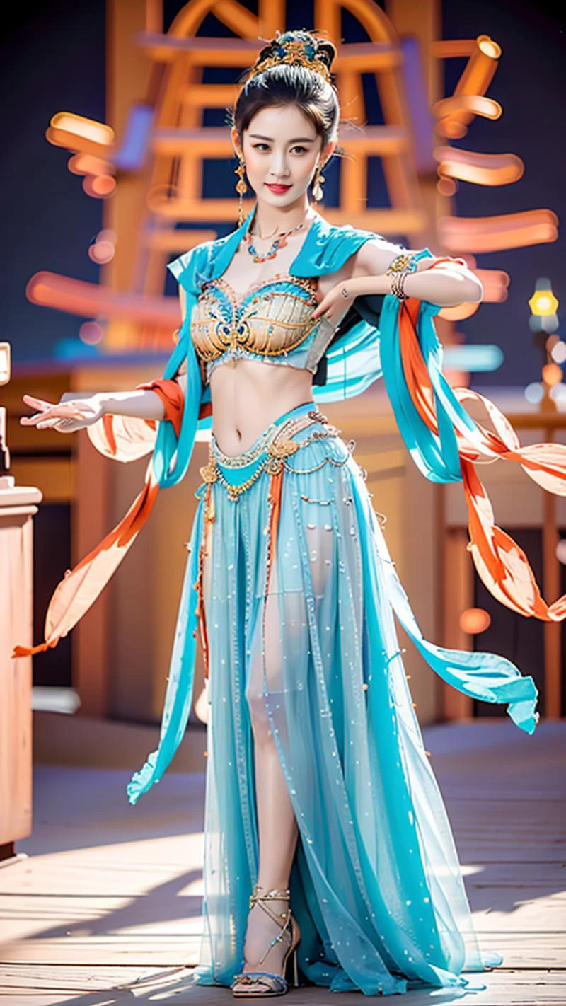 (goddess-like happiness,flirtatious ,seductive:1.4),(RAW photo:1.2),(photorealistic:1.6),(masterpiece:1.3),(intricate details:1.2),(detailed face:1.2),dramatic,ray tracing,fashion photograph,fFaceDetail,Full body,<lora:goodhands_Beta_Gtonero:0.5>,good hands,Sharp focus,cinematic lighting,
<lora:é³éºçªchenyuqi_v11:0.8:lbw=FACE>,cyq,,<lora:dunhuangV3:0.7>,(dunhuang,Chinese Dunhuang Flying Fairy,floating clothes,floating flower,pov legs,thighs,dunhuang cloths,hanfu,waist cape,strapless,navel,robe:1.2),<lora:PerfectBreastsV4-offset:0.3>,(1girl,solo,outdoors,night time,dancing:1.6),confident smile,beautful face,(large breasts, narrow waist:1.2),sexy body,perfect body,shiny hairs,hair ornament,earrings,necklace,jewelry,confident,showcasing,buzzing atmosphere,