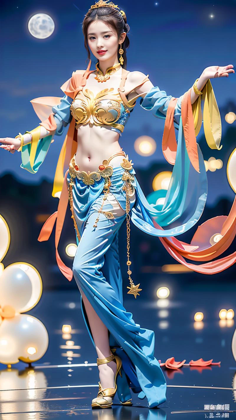 (goddess-like happiness,flirtatious ,seductive:1.4),(RAW photo:1.2),(photorealistic:1.6),(masterpiece:1.3),(intricate details:1.2),(detailed face:1.2),dramatic,ray tracing,fashion photograph,fFaceDetail,Full body,<lora:goodhands_Beta_Gtonero:0.5>,good hands,Sharp focus,cinematic lighting,
<lora:ç½é¹¿bachloc3:0.8:lbw=FACE>,,<lora:dunhuangV3:0.7>,(dunhuang,Chinese Dunhuang Flying Fairy,floating clothes,floating flower,pov legs,thighs,dunhuang cloths,hanfu,waist cape,strapless,navel,robe:1.2),<lora:PerfectBreastsV4-offset:0.3>,(1girl,solo,outdoors,night time,dancing:1.6),confident smile,beautful face,(large breasts, narrow waist:1.2),sexy body,perfect body,shiny hairs,hair ornament,earrings,necklace,jewelry,confident,showcasing,buzzing atmosphere,