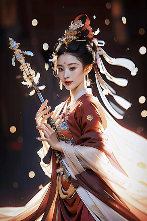 CR1.3,(flirtatious ,seductive:1.4),(RAW photo:1.2),(photorealistic:1.6),(lens 135mm,f1.8:1.2),(ultimate quality, masterpiece:1.3),(intricate details:1.2),(detailed face:1.2),dramatic,ray tracing,fashion photograph,<lora:goodhands_Beta_Gtonero:0.5:lbw=HAND>,good hands,Fixhand,fFaceDetail,Full body,Sharp focus,cinematic lighting,
<lora:dunhuangV3:1:lbw=CLOTHING>,(floating clothes,thighs,dunhuang cloths,hanfu,waist cape,strapless,navel,robe:1.2),
<lora:å¼µå«é»hanyun:0.8:lbw=FACE>,,
<lora:UnlimitedBladeWorks1.6-Lycoris:0.5:lbw=ACT>,Unlimited Blade Works,holding weapon,<lora:ChineseweaponsV2:0.3>,å,ä¸å½å
µå¨,
<lora:Chinesestyle_swordswoman:0.8:lbw=ACT>,Chinese style,(holding sword,sword, fighting stance:1.6),,
(1girl,solo,outdoors,war castle:1.6),confident smile,beautful face,<lora:PerfectBreastsV4-offset:0.5:lbw=BODY>,(large breasts, narrow waist:1.2),sexy body,perfect body,shiny hairs,<lora:zanhua_v1:0.65>,zanhua,hair ornament,earrings,necklace,jewelry,
(anatomically correct hands,anatomically correct feet,anatomically correct body:1.6),