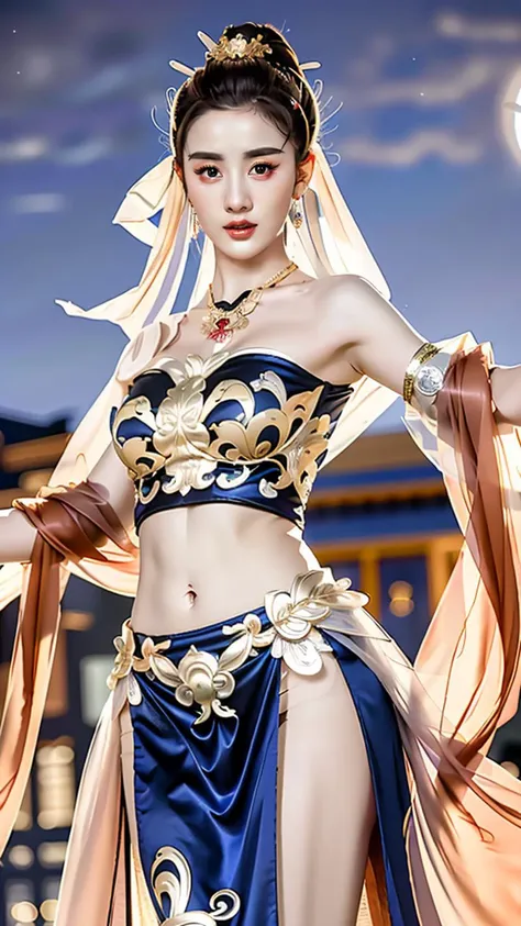 (goddess-like happiness,flirtatious ,seductive:1.4),(RAW photo:1.2),(photorealistic:1.6),(masterpiece:1.3),(intricate details:1.2),(detailed face:1.2),dramatic,ray tracing,fashion photograph,fFaceDetail,Full body,<lora:goodhands_Beta_Gtonero:0.5>,good hands,Sharp focus,cinematic lighting,
<lora:å®ç¥å
Songzuer_v1:0.8:lbw=FACE>,,<lora:dunhuangV3:0.7>,(dunhuang,Chinese Dunhuang Flying Fairy,floating clothes,floating flower,pov legs,thighs,dunhuang cloths,hanfu,waist cape,strapless,navel,robe:1.2),<lora:PerfectBreastsV4-offset:0.3>,(1girl,solo,outdoors,night time,dancing:1.6),confident smile,beautful face,(large breasts, narrow waist:1.2),sexy body,perfect body,shiny hairs,hair ornament,earrings,necklace,jewelry,confident,showcasing,buzzing atmosphere,