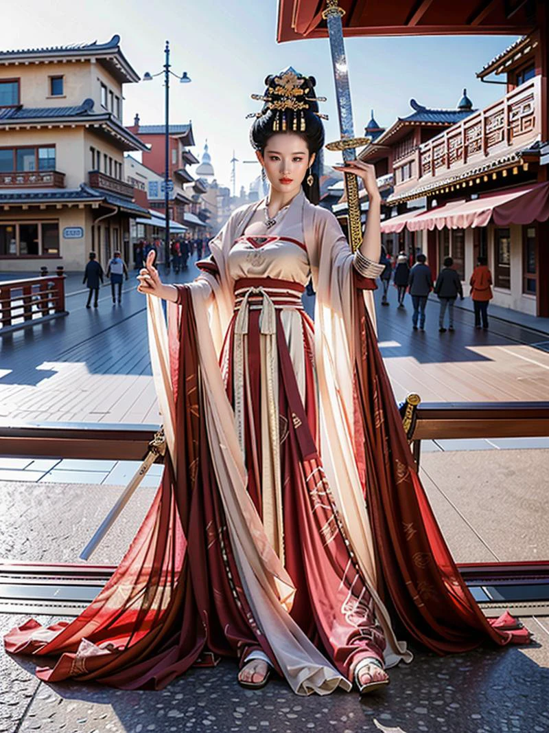 CR1.3,(flirtatious ,seductive:1.4),(RAW photo:1.2),(photorealistic:1.6),(lens 135mm,f1.8:1.2),(ultimate quality, masterpiece:1.3),(intricate details:1.2),(detailed face:1.2),dramatic,ray tracing,fashion photograph,fFaceDetail,Full body,<lora:PerfectBreastsV4-offset:0.3:lbw=BODY>,<lora:goodhands_Beta_Gtonero:0.3:lbw=HAND>,good hands,Fixhand,Sharp focus,cinematic lighting,
<lora:å亦è²liuyifei:0.8:lbw=FACE>,liuyifei,,
<lora:dunhuangV3:0.65:lbw=CLOTHING>,(floating clothes,thighs,dunhuang cloths,hanfu,waist cape,strapless,navel,robe:1.2),
<lora:Swordism_Girl_v2.0:0.65:lbw=POSE>,swordism,swg flying,Chinese style,(holding weapon,sword:1.6),fighting,,
(1girl,solo,outdoors:1.6),confident smile,beautful face,(medium breasts, narrow waist:1.2),sexy body,perfect body,shiny hairs,<lora:zanhua_v1:0.65>,zanhua,hair ornament,earrings,necklace,jewelry,confident,showcasing,buzzing atmosphere,
(anatomically correct hands,anatomically correct feet,anatomically correct body:1.6),