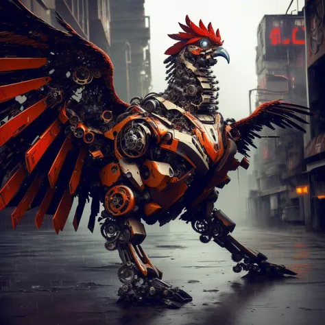 a (mechcd, shiny:1.2, glowing:1.2, glowing eyes, joints, military, mechanical parts, cyberpunk, red theme:1.3) rooster, (solo:1.2), <lora:mechcd-000007:1.0>, no humans, high quality, masterpiece, realistic, photorealistic, (outdoors, full body, science fiction, cityscape, at night, dim light, raining),