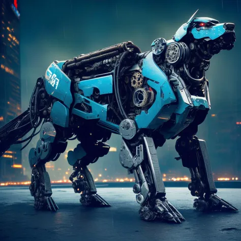 a (mechcd, shiny:1.2, glowing:1.2, glowing eyes, joints, military, mechanical parts, cyberpunk, blue theme:1.3) dog, (solo:1.2), <lora:mechcd-000007:0.9>, no humans, high quality, masterpiece, realistic, photorealistic, (outdoors, full body, science fiction, cityscape, at night, dim light, raining),