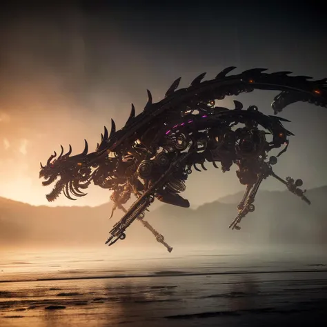 a (mechcd, shiny:1.2, glowing:1.2, metal:1.2, mechanical parts, cyberpunk, black theme:1.3) chinese dragon, eastern dragon, flying, (solo:1.2), <lora:mechcd-000008:0.7>, no humans, high quality, masterpiece, realistic, photorealistic, (outdoors, full body, science fiction, at night, dim light, raining),