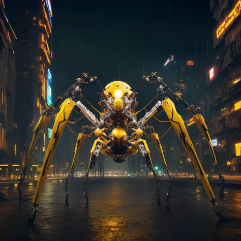 a (mechcd, shiny:1.2, glowing:1.2, glowing eyes, mechanical parts, cyberpunk, yellow theme:1.3) (spider:1.2), (solo:1.2), <lora:mechcd-000007:0.9>, no humans, high quality, masterpiece, realistic, photorealistic, (outdoors, full body, science fiction, cityscape, at night, dim light, raining),