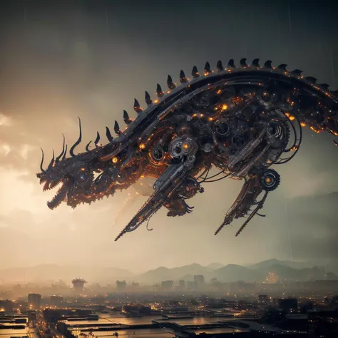 a (mechcd, shiny:1.2, glowing:1.2, metal:1.2, mechanical parts, cyberpunk, black theme:1.3) chinese dragon, eastern dragon, flying, (solo:1.2), <lora:mechcd-000007:0.8>, no humans, high quality, masterpiece, realistic, photorealistic, (outdoors, full body, science fiction, at night, dim light, raining),