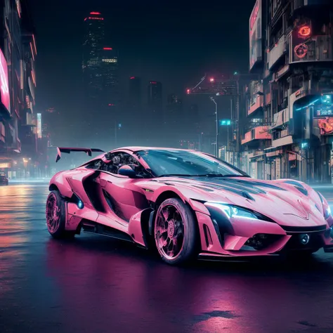 a (mechcd, shiny:1.2, glowing:1.2, glowing eyes, mechanical parts, cyberpunk, pink theme:1.3) (sports car:1.3), ground vehicle, (solo:1.2), <lora:mechcd-000008:1.0>, no humans, high quality, masterpiece, realistic, photorealistic, (outdoors, full body, science fiction, cityscape, at night, dim light, raining),