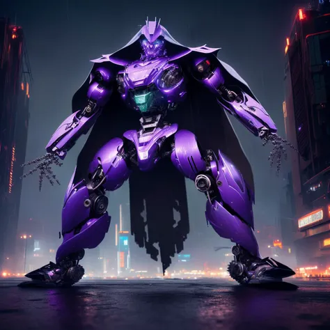 a (mechcd, shiny:1.2, glowing:1.2, glowing eyes, mechanical parts, cyberpunk, purple theme:1.3) robot, (cloak:1.3), fighting stance, battle, (solo:1.2), <lora:mechcd-000008:0.9>, no humans, high quality, masterpiece, realistic, photorealistic, (outdoors, full body, science fiction, cityscape, at night, dim light, raining),